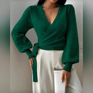 New Chic Wrap Knit Sweater Top Bishop Long Sleeve Green